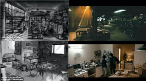 Evidence room concept drawing and stills for I am All Girls